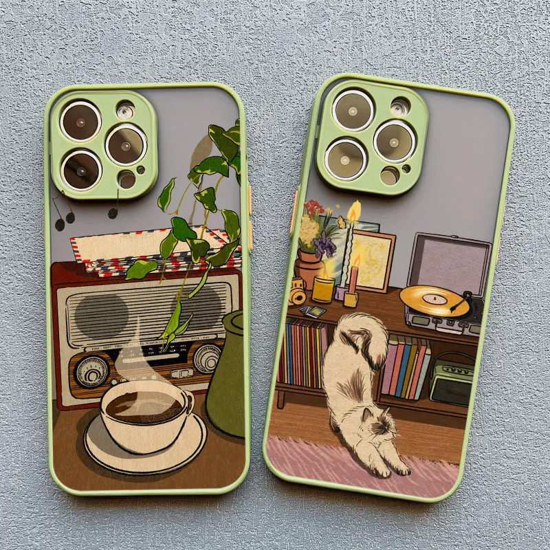 테이블 고양이 전화 케이스 iPhone 16 15 14 13 Pro Max 13 12 Mini 11 Pro Max X XR XS SE 15 14 8 7 Plus 레트로 스타일 커버 충격 방지