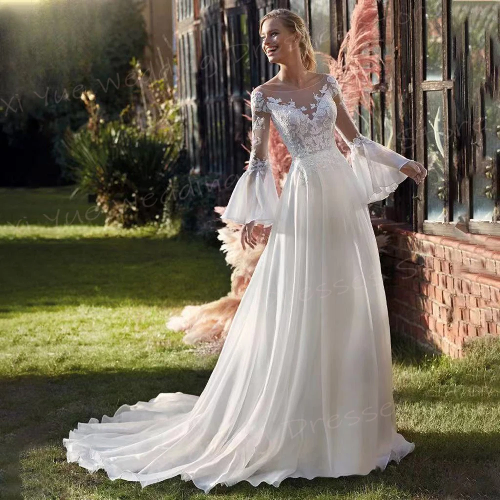 Vestidos De novia De línea A para mujer, apliques encantadores, vestidos De novia De encaje, vestidos De novia modernos De manga larga acampanada, hermoso y elegante