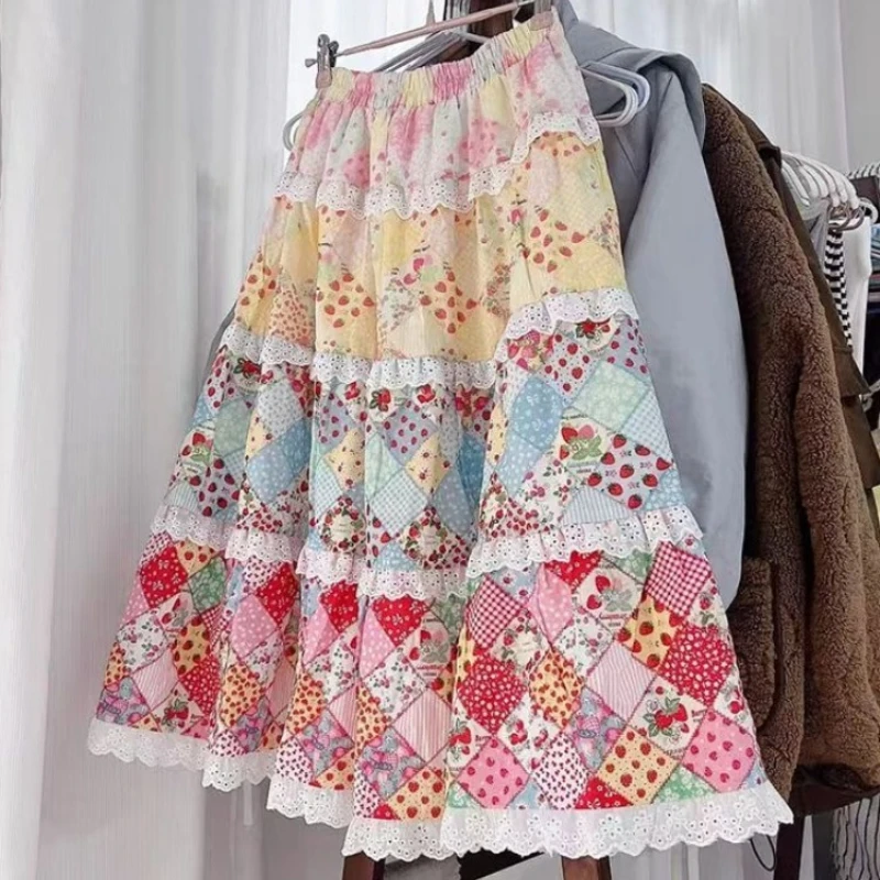 Sweet Cottagecore Patchwork Midi Skirt Floral Print Tiered Ruffle Skirt White Lace Trim Elastic Waist Bohemian Vintage Aesthetic