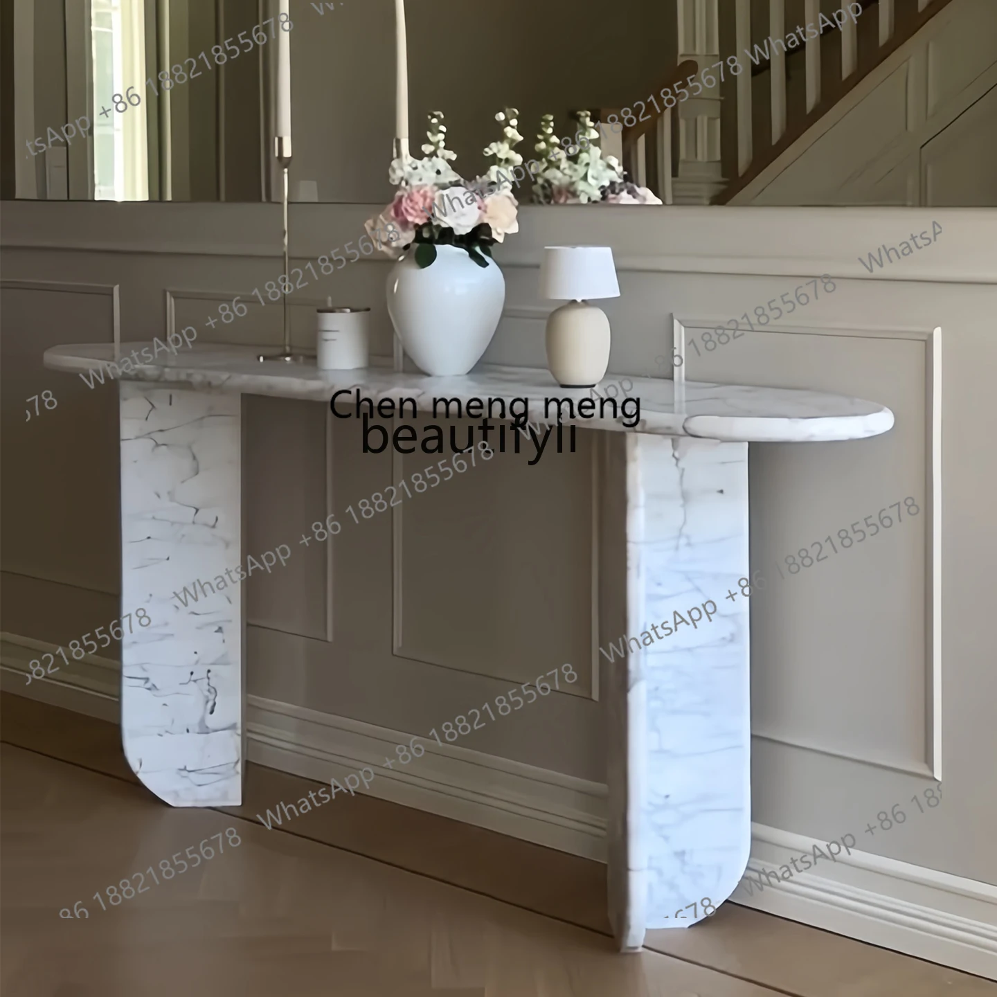 

French large white retro medieval marble entrance table oval household entrance