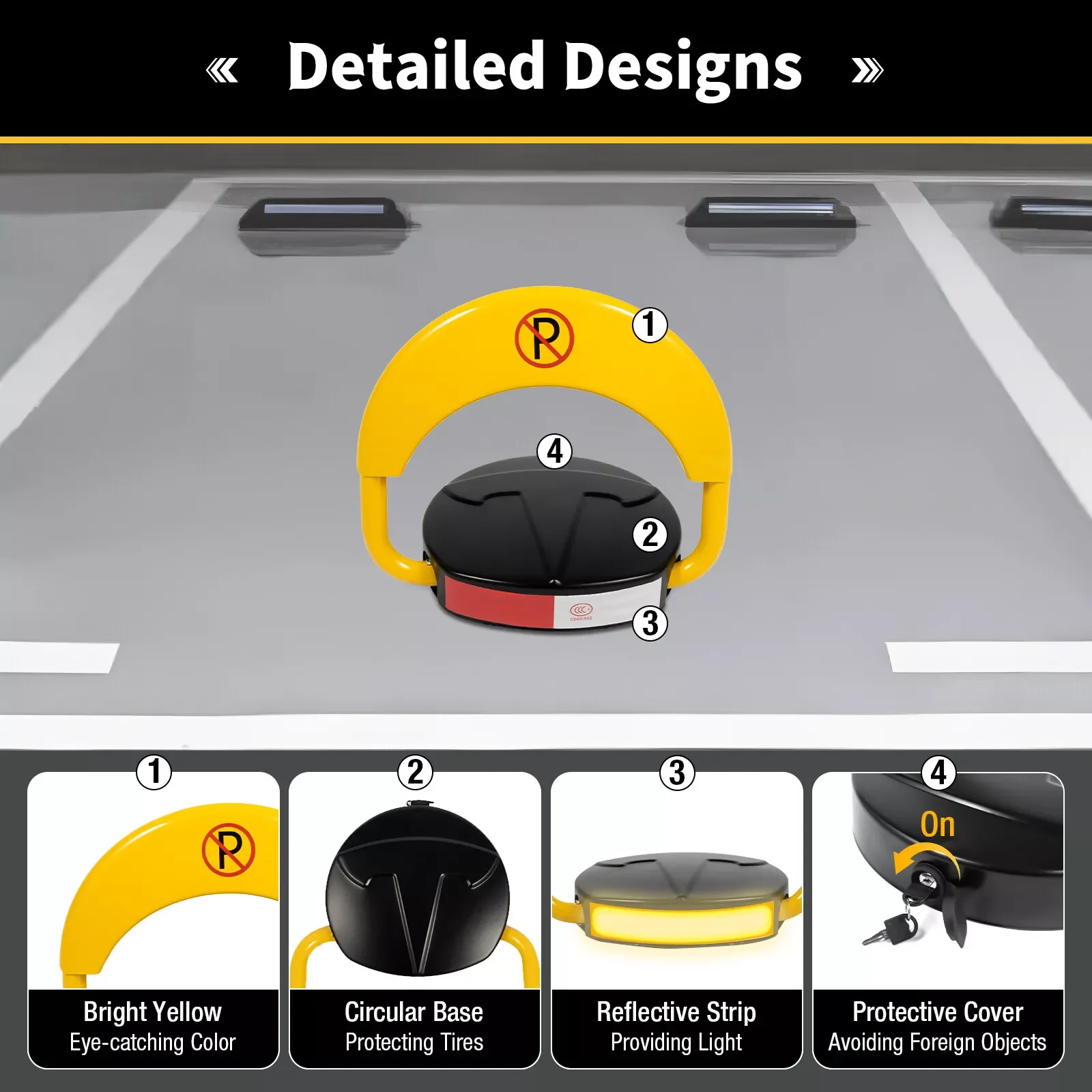 Garage Parking Aid, Parking Lock, Remote Control, Car Security Barrier, Round Design with Reflective Strip, Easy Wireless Operation, 2 Remote Controllers, Outdoor IP67 Waterproof, Heavy Duty, Protects Reserved Parking Space from Unauthorized Use