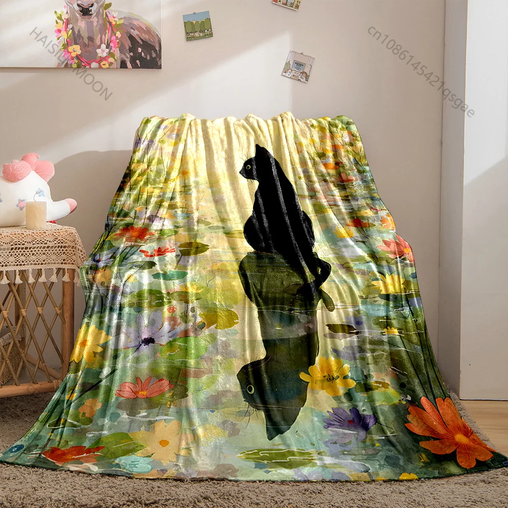 Black cat reflection flower pond dusk Print Blanket Warm Soft Fluffy Kids Adult Sofa Bed Throw Blanket Outdoor Travel Camping
