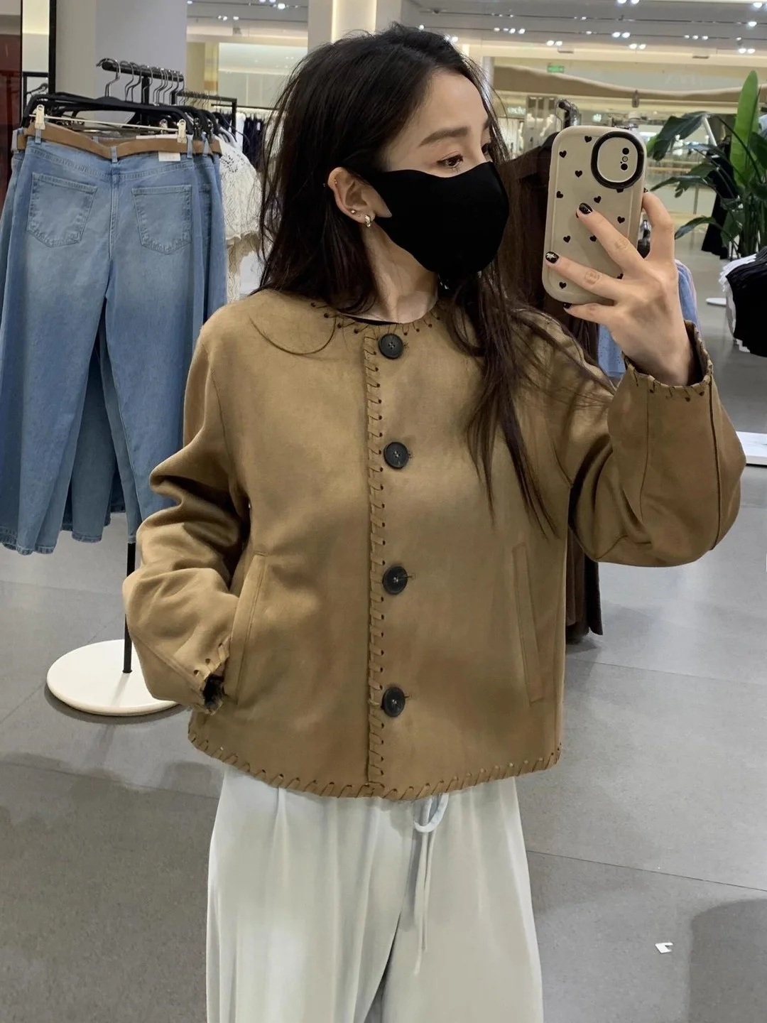 

Осень 2023, Новое поступление, женская коричневая трикотажная круглая замшевая верхняя одежда Jaet ort, универсальная свободная посадка с длинными пуговицами све...