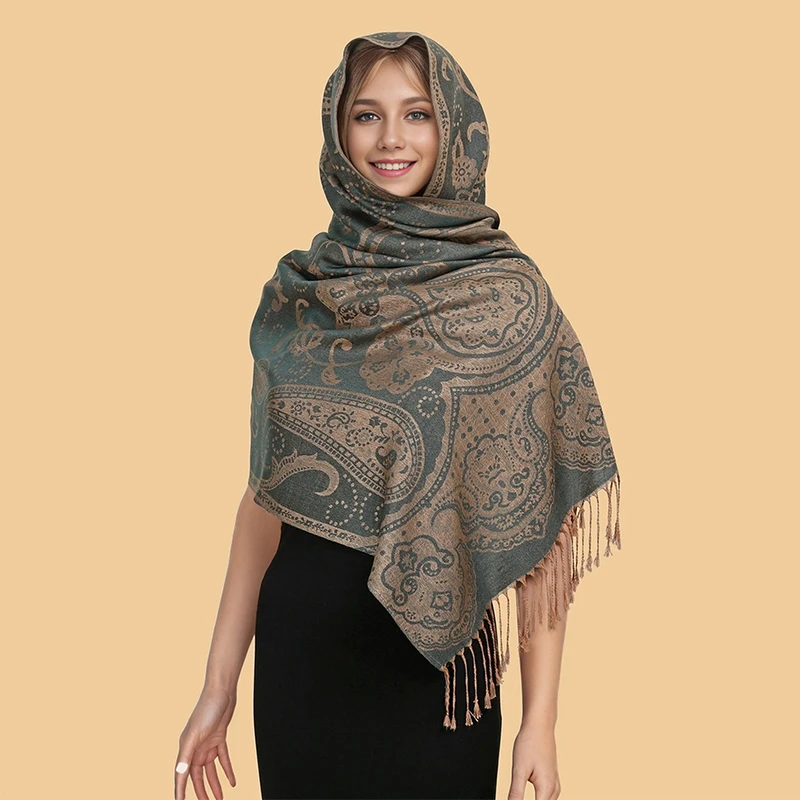 Ethnic Style Tassel Blanket Thick Pashmina New Winter Warm Shawl Wrap Cashmere Jacquard Scarf Women Neckerchief Poncho Stoles