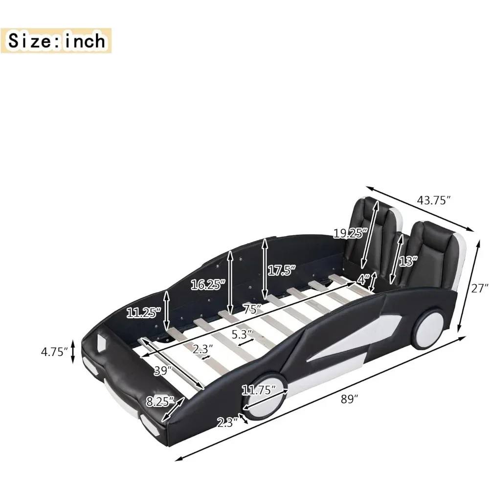 Twin Size Race Car-Shaped Platform Bed with Wheels and Guardrail,Kids Bed Frame for Child's Bedroom,Black