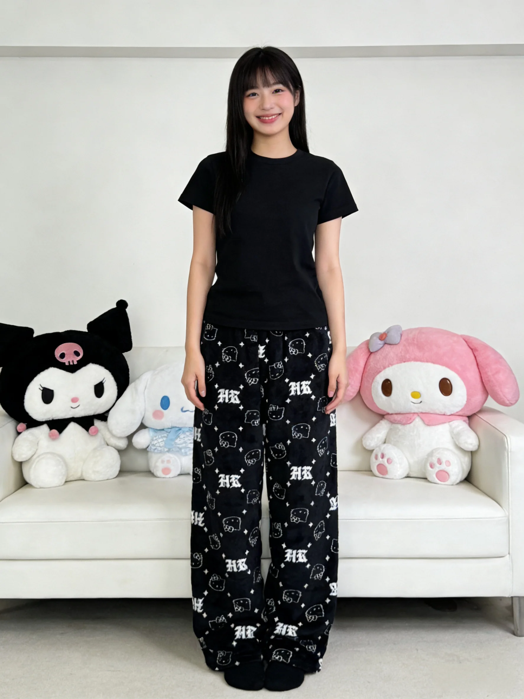 Hello Kitty Flannel Pants, Black Warm Home Pants, Casual Walking Pants for Couples, Best Friends Party Outfit!