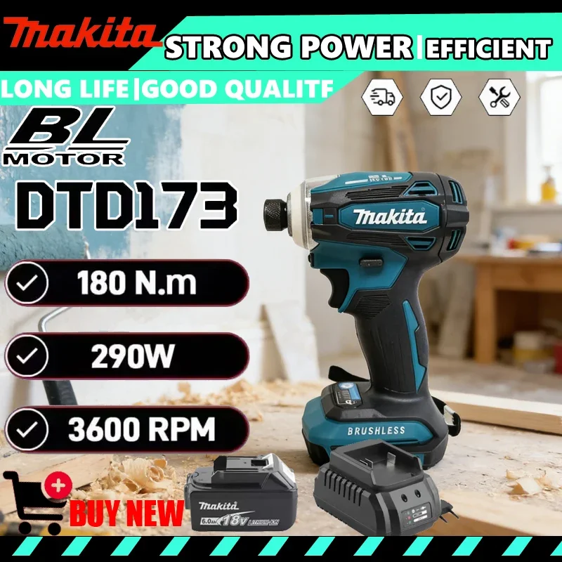 

Аккумуляторный ударный шуруповерт Makita DTD173, 180 Нм, с бесщеточным двигателем, для дерева/болтов/режима T, беспроводная дрель, бытовой инструмент