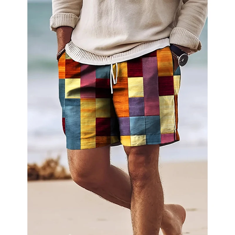 Havaí praia shorts para o verão, roupas esportivas, secagem rápida, casual, colorido, impressão xadrez, ginásio, praia, verão, 2024