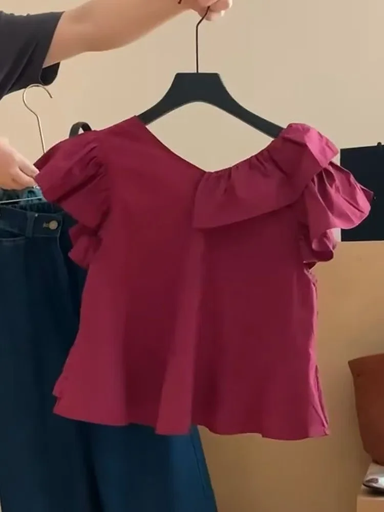 Summer Dopamins Solid Color Elegant Casual Shirt Women's V-Neck Ruffle Stitch Flying Sleeve Pullover Fashion Explosive Short Top