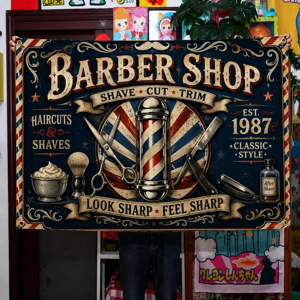 Fashion Barber Shop Logo Retro Flags Wall Hanging Background Flag Wall Decor Banners for Outdoor Bedroom Dorm Room Decor