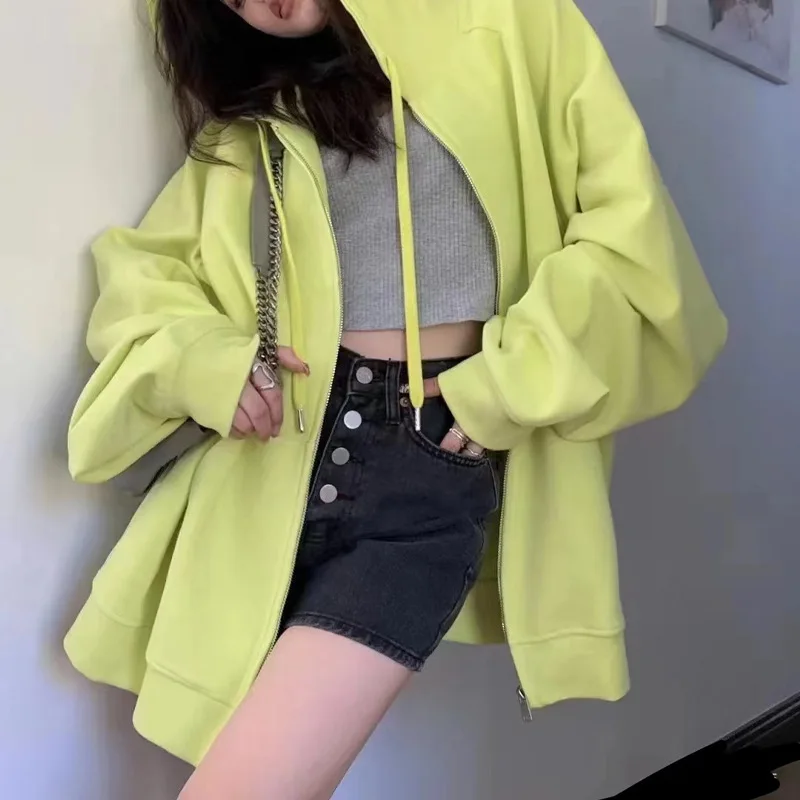

Women Solid Sweatshirt Female Streetwear Hooded Coats Pocket Loose Zip Up Harajuku Hoodies Jacket Cardigan Tops Ladies 2023