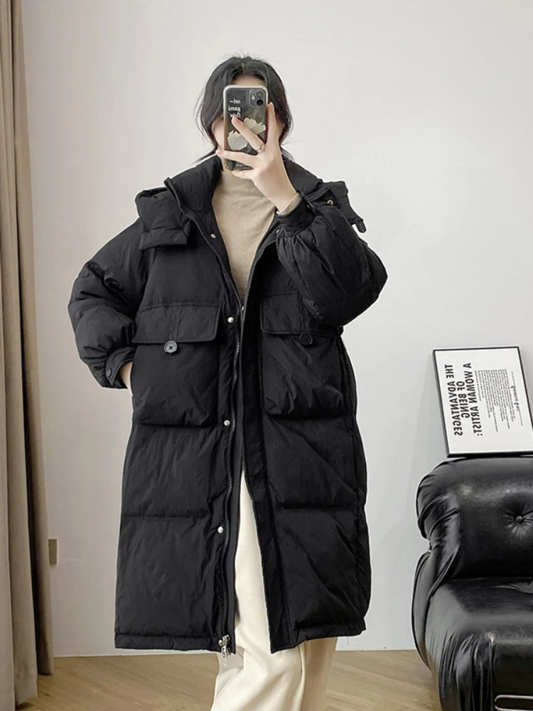 Hooded Down Jacket Mid-length Winter Coat Female Korean Fashion Casual Puffer Jacket Thick Warm Parka Windproof Loose Coats Down