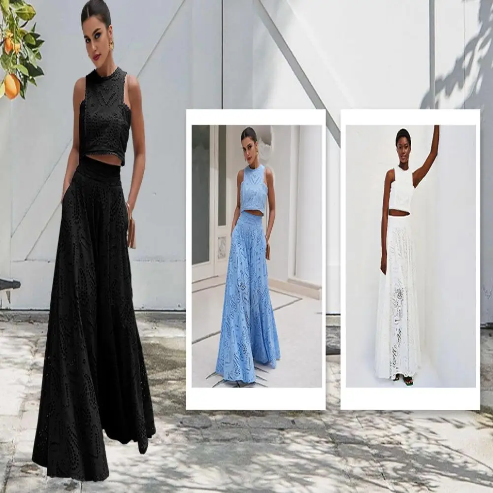

Women's Summer 2 Piece Skirt Set Crop Tank Sleeveless Top Hollow Eyelet Long Skirt with Pockets Nightclub Party Evening Outfits