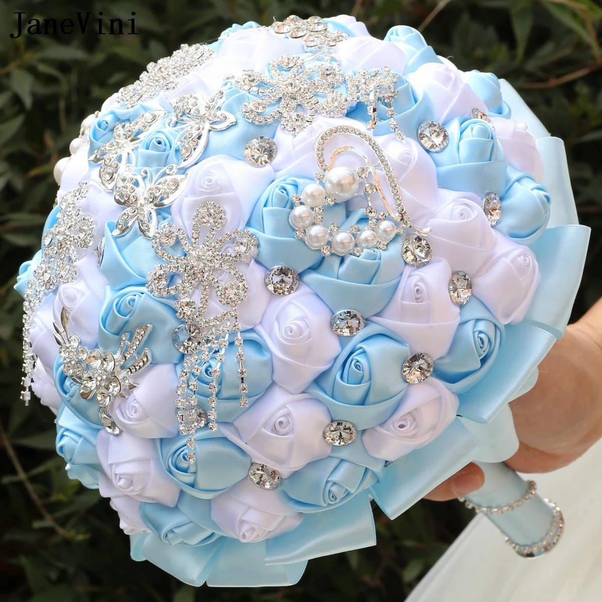 JaneVini Bling Silver Crystal Jewelry Bridal Bouquets Handmade Satin Roses Romantic Sky Blue White Wedding Bride Holding Flowers