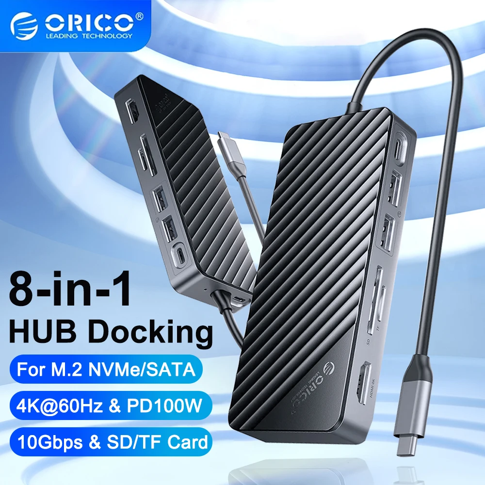 

ORICO USB C HUB with SSD Enclosure Laptop Docking Station M.2 NVME SATA NGFF SSD Enclosure with 4K HDMI 100W RJ45 SD/TF 10Gbps