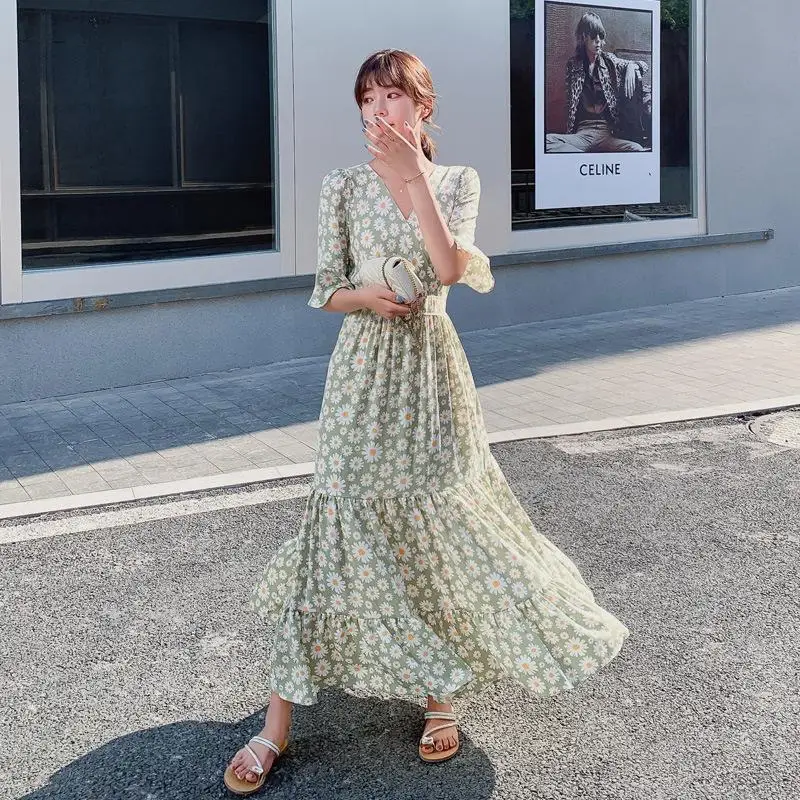 

French Vintage Long Casual Women Dresses Chic Party Print Unif Dress Boho Mid-Calf Flare Sleeve Beach Style Summer Clothing