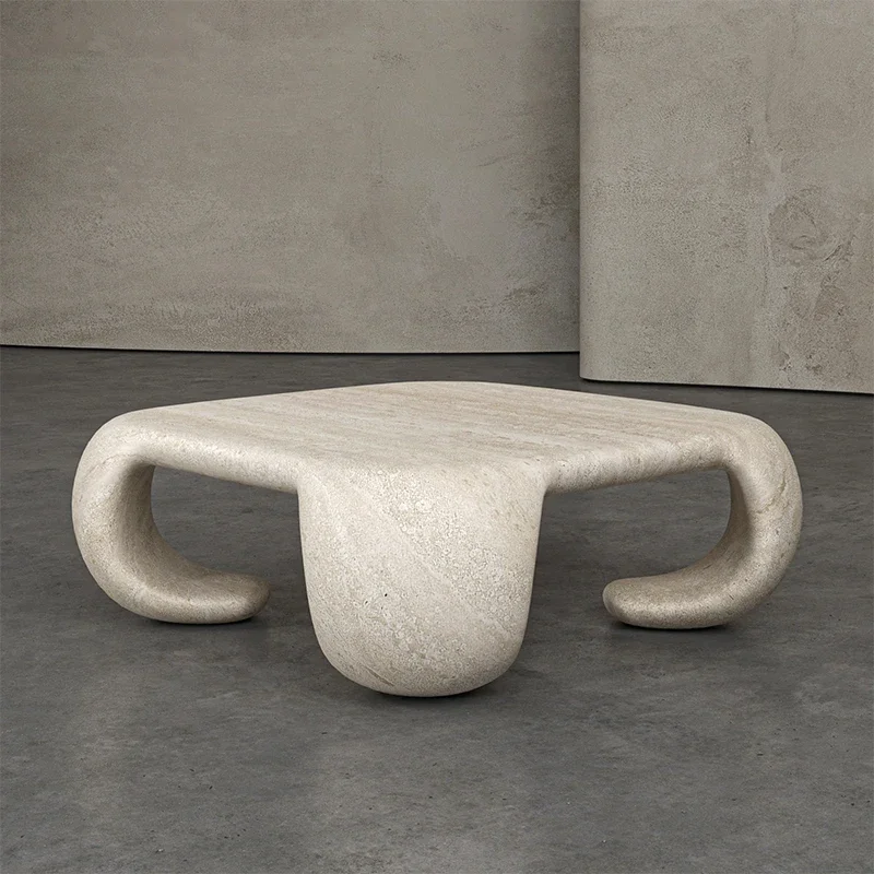#Organic Sculptural Travertine Coffee Table Modern Bold Curved Leg Natural Stone Livingroom Bedroom Hotel Furniture Decor