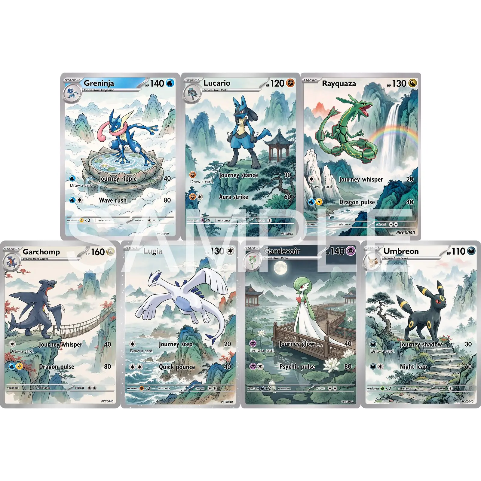 7Pcs PKM Cards PTCG Blue Green Landscape Style Greninja Lucario Rayquaza Garchomp Lugia Gardevoir Umbreon Art Set Cards PTCG