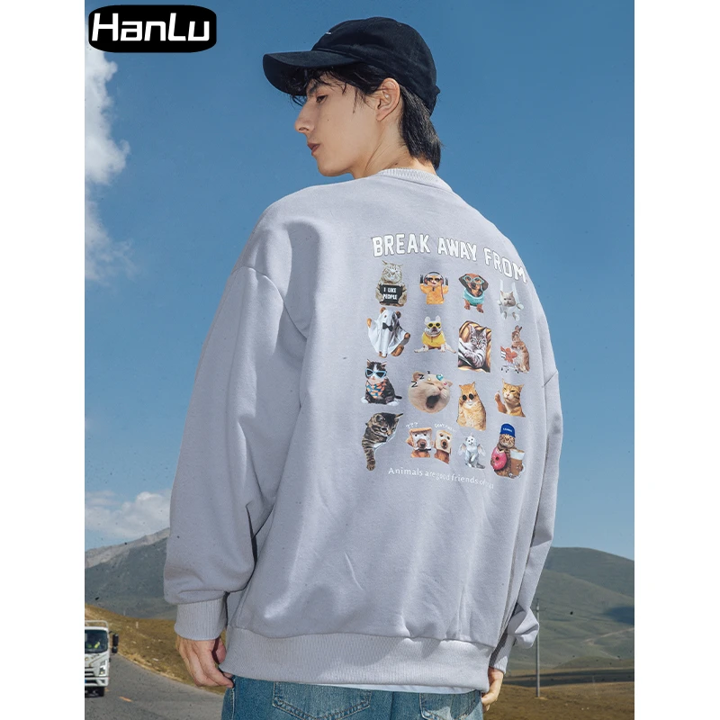 Men's Autumn New American Cartoon Print Top Men's Heavyweight Loose Round Neck Couple Top Coat Y2k