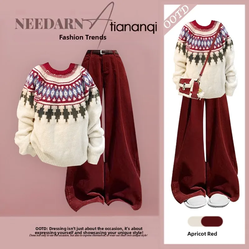 

Anti-Aging Winter Knitted Sweater Set Women's Sle with Red Slim Wide Leg Pants Two-Piece Ensemble Faionable And Ele