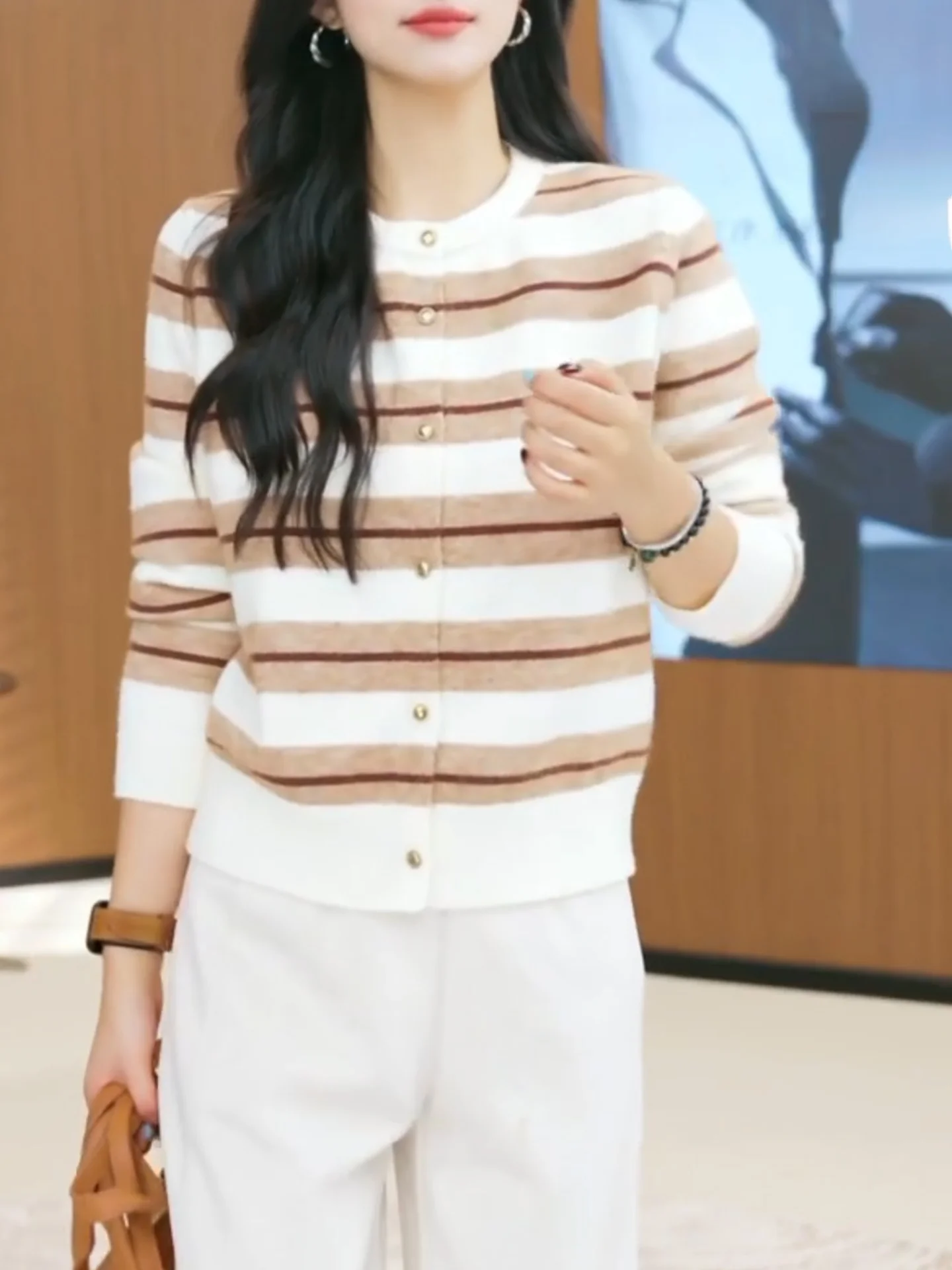 

Женский длинный вязаный кардиган свободного кроя в стиле ретро, цвет хаки, с полосками, универсальный, в корейском стиле, из шерсти