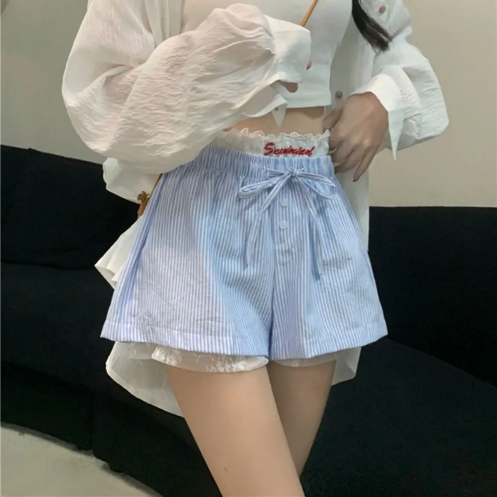 All Match Loose Lace Plaid Shorts Stripe Mesh Flower High Waist Shorts Sweet Lolita Wide Leg Short Pants Women