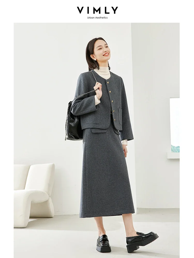 Vimly Elegant Wool Blend Skirt Set O-neck Quilted Jackets Elastic Waist Split Midi Skirts 2023 Winter Sets Womens 2 Piece 16260