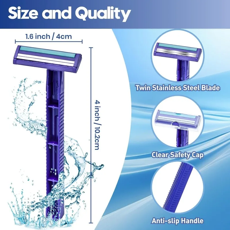 Twin Blade Disposable Razors for Men & Women – 60 Pack Bulk Stainless Steel Shavers with Lubricating Strip & Safety Cap