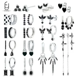 Boucles d'oreilles créoles en argent regardé 925 pour femmes, pendentif en cristal noir, haute qualité, bijoux à la mode, cadeaux