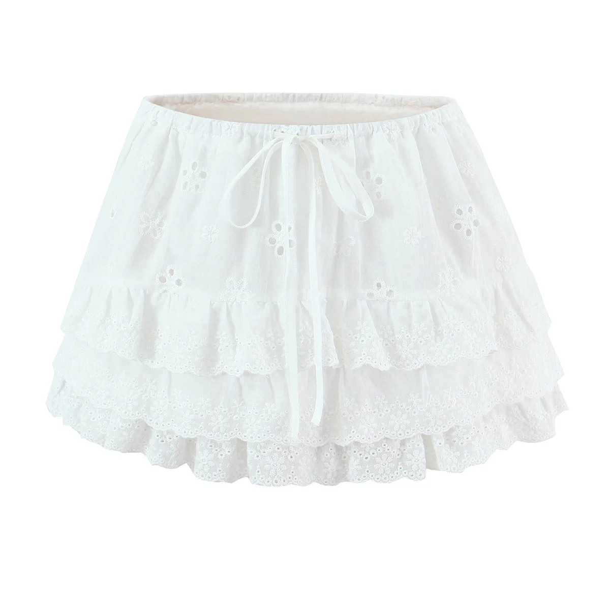 

Spring Casual Elegant French Style Skirt Hollow Embroidered Lace Trim Patchwork Cake Drawstring Half Skirt White Lace Skirt 10L7