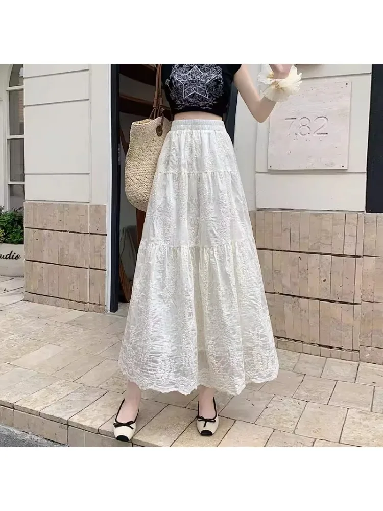 plus Size Women's High Waist Midi Skirt Lace Embroidered Net A-Line Summer Slimming Skirts Casual Shape Pear Shape 2