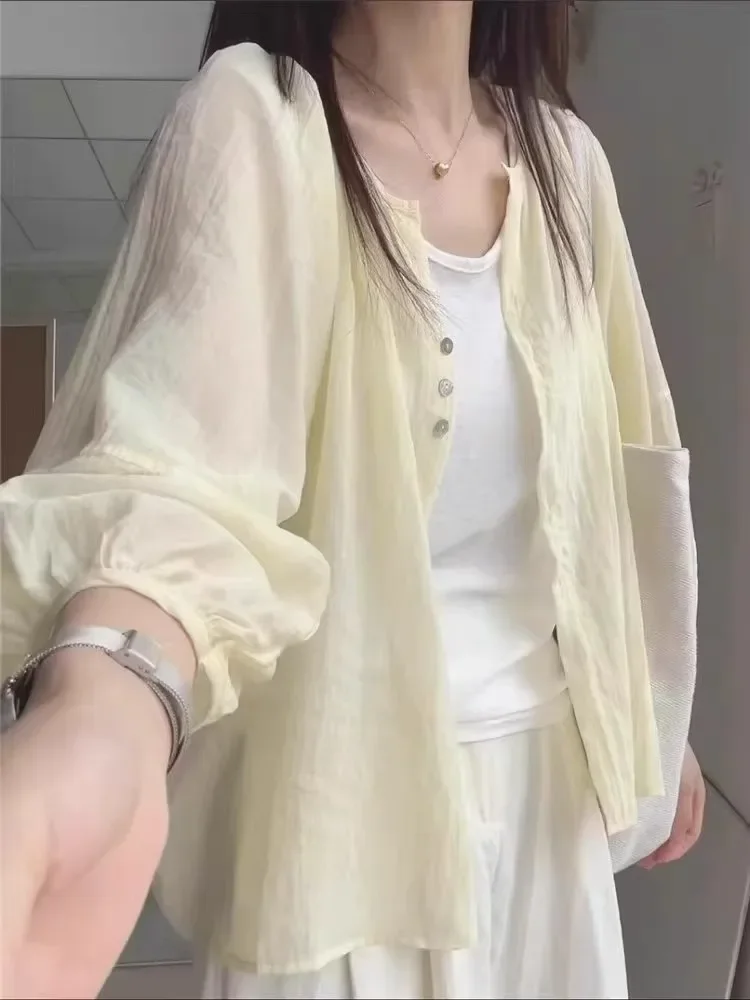 

Summer Solid-color Sun-protective Shirt Women's Long Sleeve Thin Cardigan Top See-through Beach Vacation Ladies Clothing