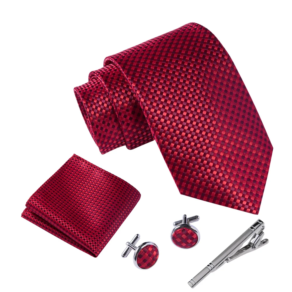 

Ikepeibao Men Classic Red Plaid Hombre Necktie Sets with Hankie Metal Cufflinks Clip Set Shirt Accessories Fit Wedding Wholesale