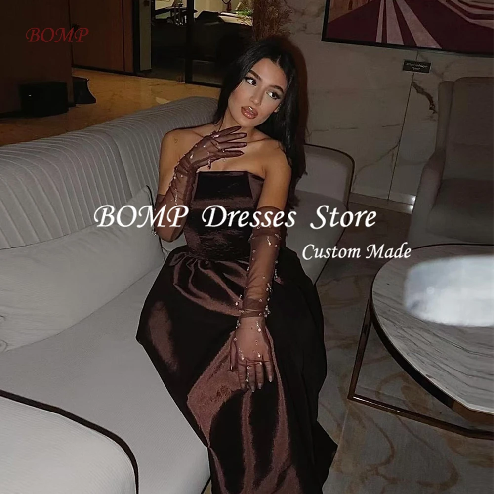 

BOMP Simple Brown Satin A Line Formal Evening Party Dresses For Women 2025 Strapless Ankle Length Prom Gowns Customized