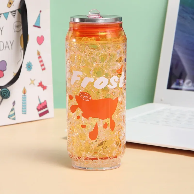 علب ثلج لثلاجة الكولا، كوب بلاستيكي قابل لإعادة الاستخدام، طبقة مزدوجة كزجاجة مياه للشاي والقهوة البلاستيكية مع القش