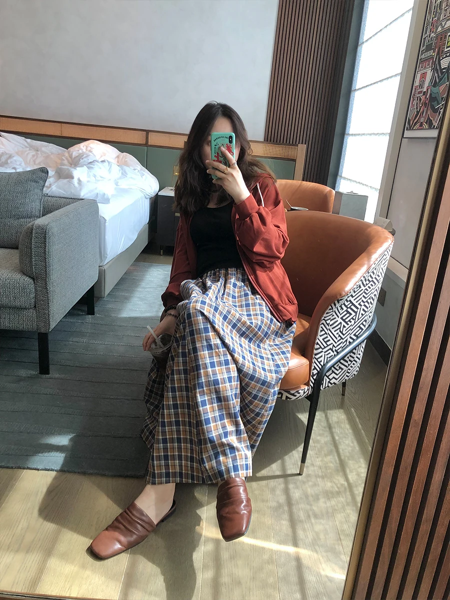 

Cloudsbloom Autumn Winter High Waist A-Line Midi Skirt with Large Hem Vintage Plaid Cotton Long Skirts for Women
