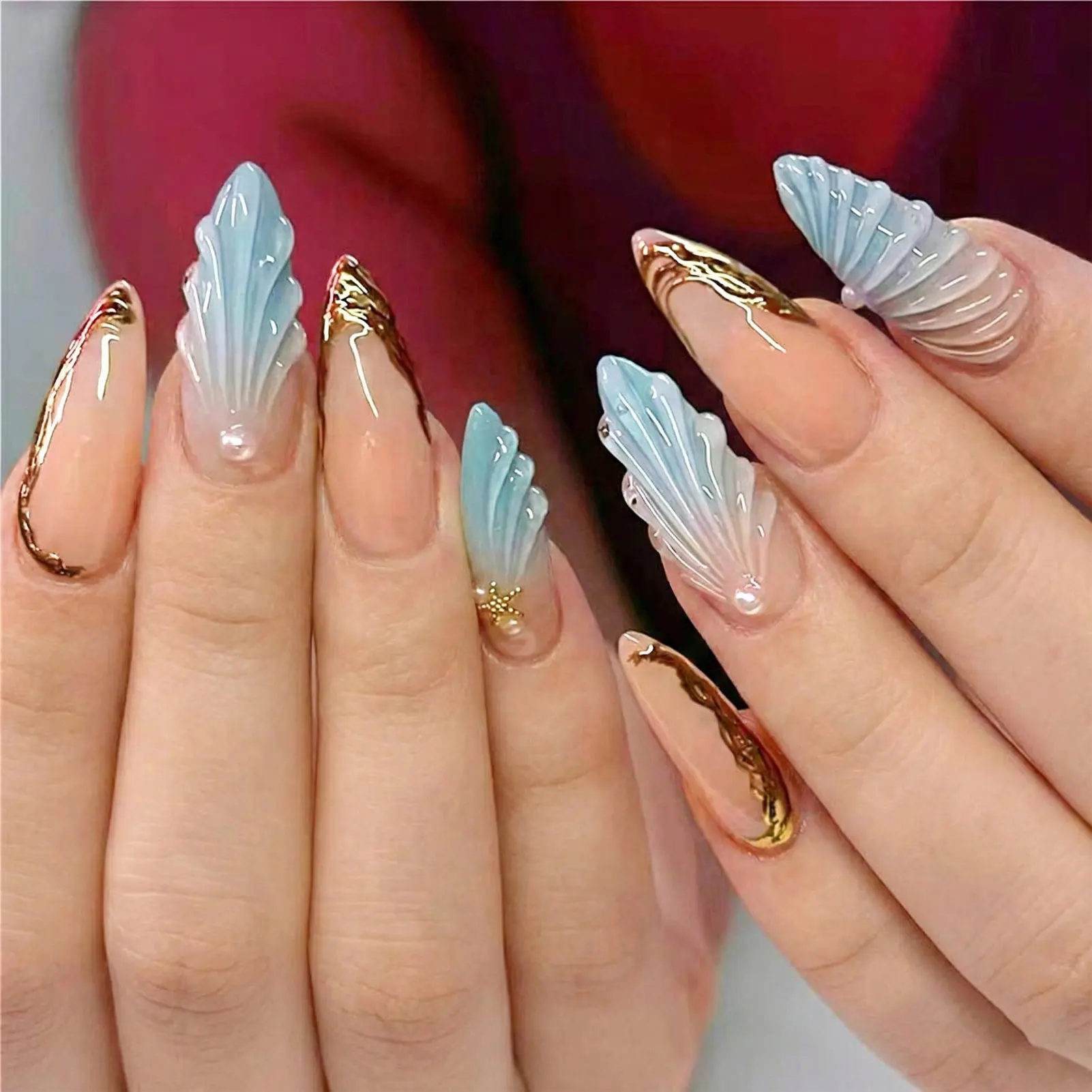 24PCS Ombre Blue False Nails Press On Nails Artificial Manic
