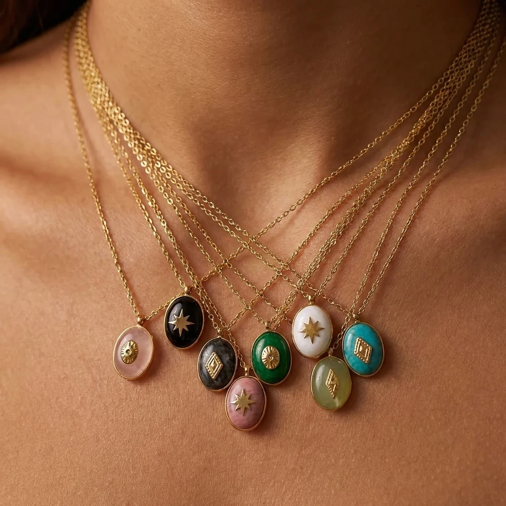 

Boho Colorful Oval Stone charm Necklaces for Women Gold Plated Star Sun Inlay Pendant Delicate Chain Vintage Bijoux Femme