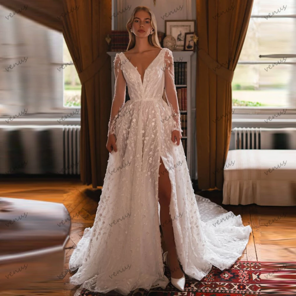 Exquisitos Vestidos De Novia una línea De tul Vestidos De Novia con gradas Apliques De encaje mangas completas cuello en V Vestidos De Novia personalizados 2026