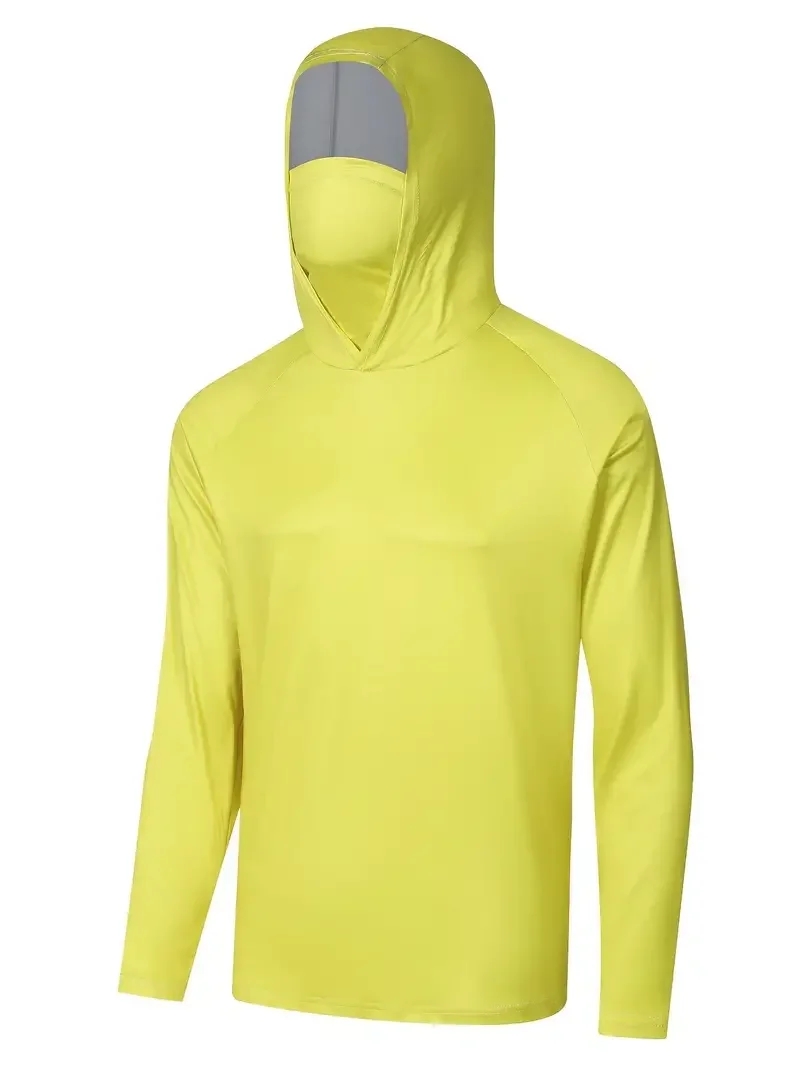 Men Solid Sun Protection Fishing Hoodie, Quick Dry UV Shirt With Face Mask