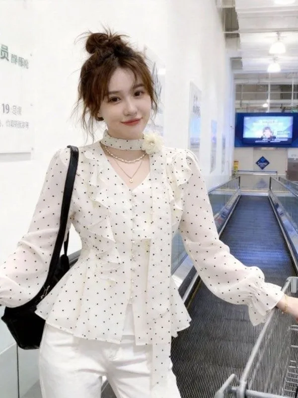 

Женская блузка с V-образным вырезом в горошек, модная новинка ранней весны, с завязками на талии, элегантная, с длинным рукавом