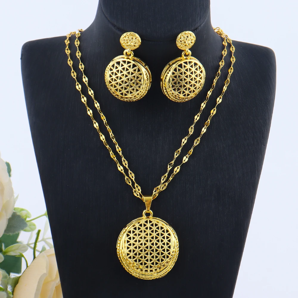 

Dubai Gold Color Charm Round bead Necklace Earrings Set for Women Luxury Elegant Gold Plated Jewelry Gift for Party Wedding