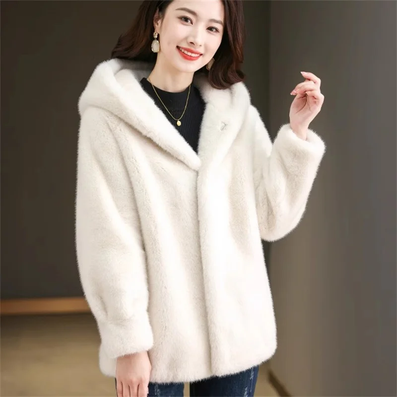 Korean Women High-end Hooded Loose Fur Jacket Autumn Femme Fashion Long Sleeved Plush Coat Winter Ladies Casual Faux Fur Outwear