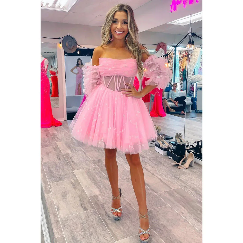 

Charming Boat Collar Tulle Mini Prom Party Dresses A-line Backless with Sequins Prom Gown for Girl robe de mariée Customized