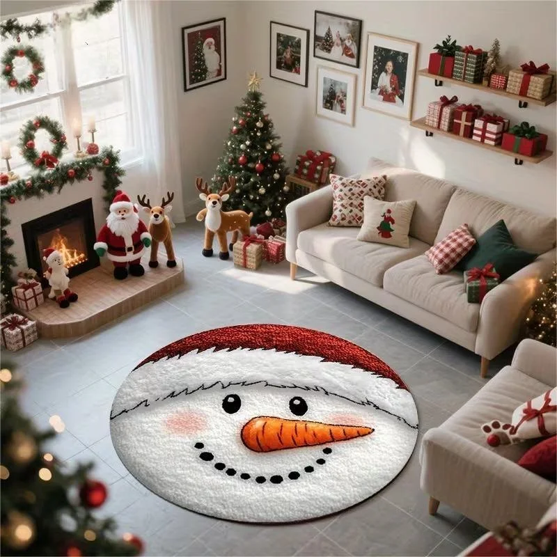 VIKAMA Cartoon Snowman Circular Plush Rug Holiday Theme Decorative Anti‑Slip Mat For Living Room Nursery Home Decor