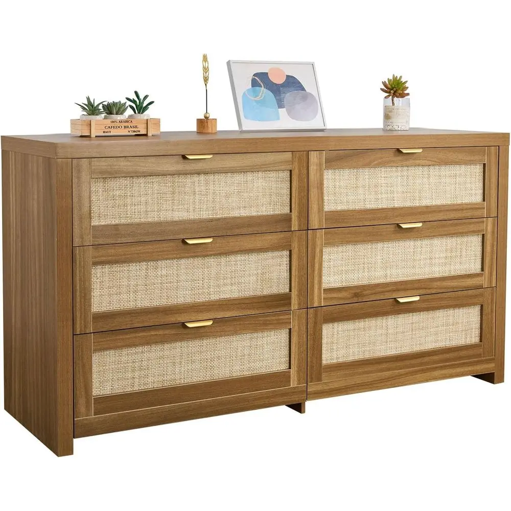 

Элегантный широкий комод из ротанга 57, деревянное хранилище с 6 ящиками и металлическими ручками, органайзер для шкафа в стиле бохо, подходит для кровати