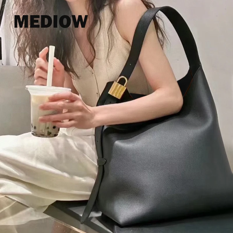 MEDIOW Classic Bucket Bags For Women Luxury Designer Handbag Purses 2025 New In PU Lychee Texture Lock With Card Pocket Shoulder