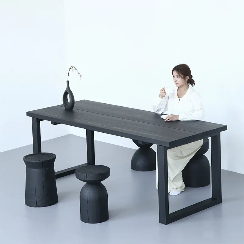 Black All-solid Wood Dining Table And Chairs Rectangle Log Dining Table Household Ash Wood Wind Minimalist Workbench