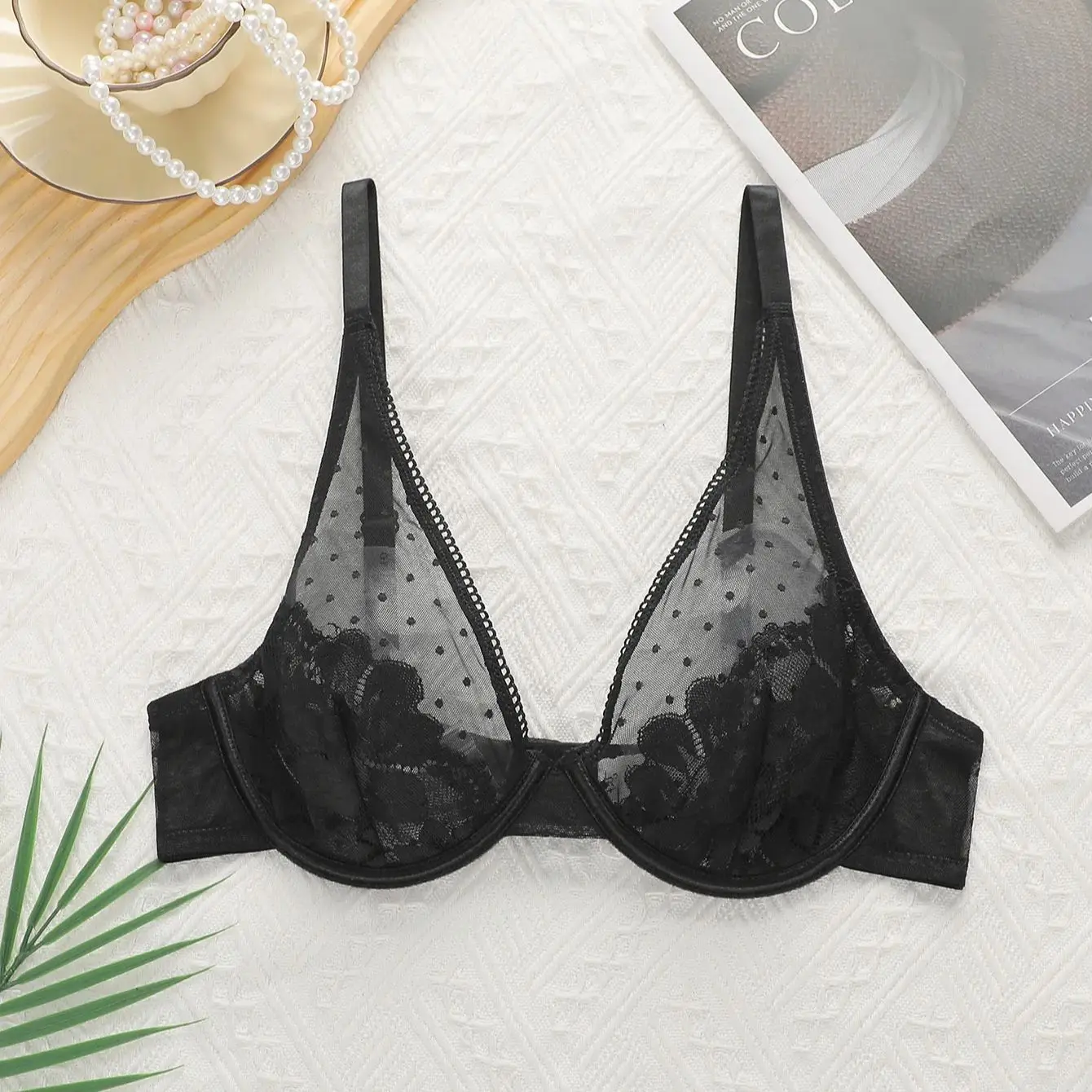 Viomisha Push Up Bra with Steel Ring Underwire Underwear Sexy Transparent Pretty Lace Brassiere Everyday Dot Bras S-XL