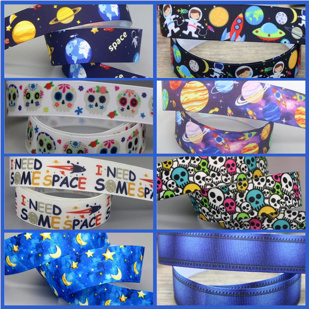 DHK 50yards Skull  Denim Space Star Moon Printed Grosgrain Ribbon Accessories Decoration Collar DIY Sewing Craft S2574